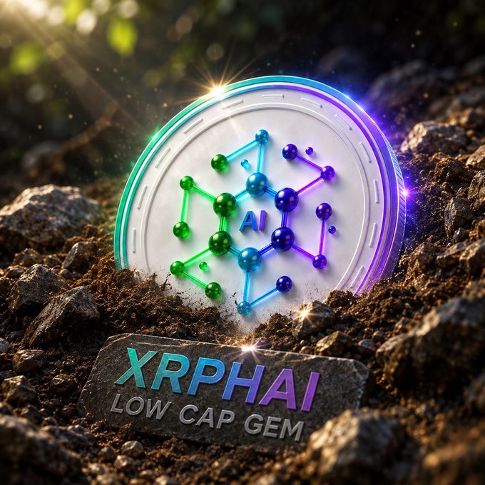 A glowing coin featuring an AI molecular structure labeled "AI" sits on dark soil above a stone inscribed with "XRPHAI - LOW CAP GEM," visually representing the post's pitch of XRPHAI as a promising low-cap AI healthcare project.