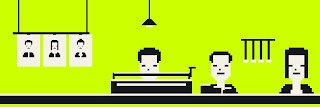 A pixel art style illustration of a kitchen scene with three chefs at a counter and three customers on the left.
