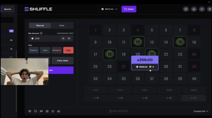 A live streamer is shown on a Shuffle.com roulette betting interface, placing a 2.00 USDT bet on the number 19 with a total potential payout of $259.00, while their Solana wallet displays a balance of 6672.41 at the top. The image captures a real-time gambling session being streamed, connecting the visible Shuffle betting activity with the tweet's mention of their Solana wallet.