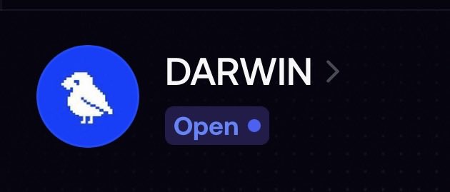 A dark interface screen showing a blue circular icon with a white bird-like figure, the text 'DARWIN', and an 'Open' button.