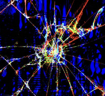 A vibrant abstract digital artwork features a chaotic burst of bright orange, yellow, and green light streaks radiating outward from a central point against a dark blue background, resembling an explosion or shattered glass. The image's theme of a violent, shattering impact visually echoes the kidnapping plot described in the accompanying article, while its digital aesthetic reflects the Bitcoin theft involved in the case.