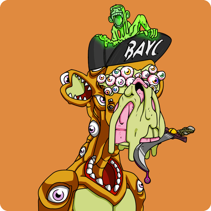 A grotesque cartoon illustration of a multi-eyed mutant character wearing a black 'BAYC' cap, featuring multiple eyeballs on its face and body, mouth open with tongues and teeth visible against an orange background.