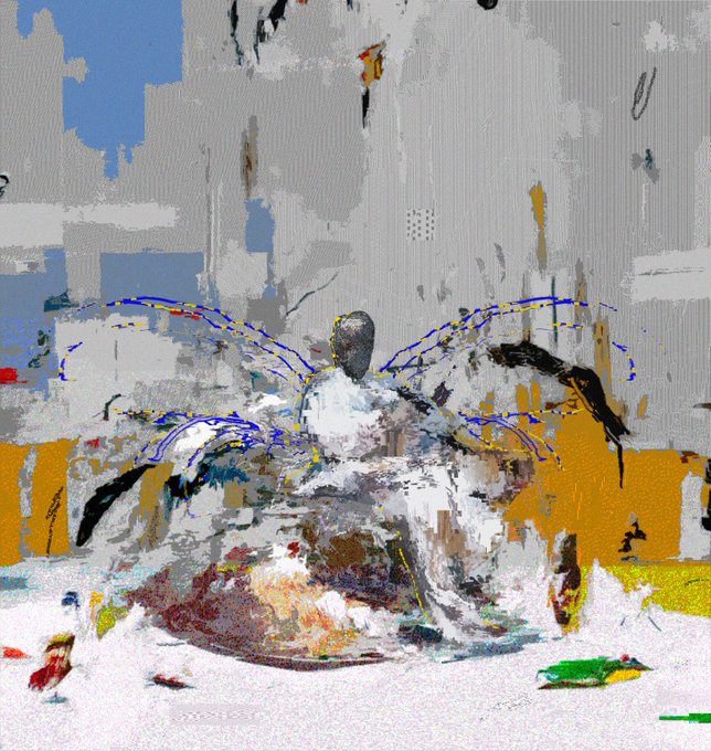The image features a painting of an angel with wings, surrounded by various objects such as a bird, a fish, and a person's head. The artist has used a unique style that includes lines and dots for the wings and body, giving the impression of a butterfly or a dragonfly. The background is a gray wall with yellow stripes, which contrasts with the colorful elements in the foreground. The image also contains text that reads "The Artist Behind the Mask Bid by @absurdeity - 200 xtz".