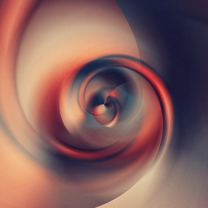 An abstract digital artwork featuring a swirling spiral pattern in warm orange, red, and cool blue tones.