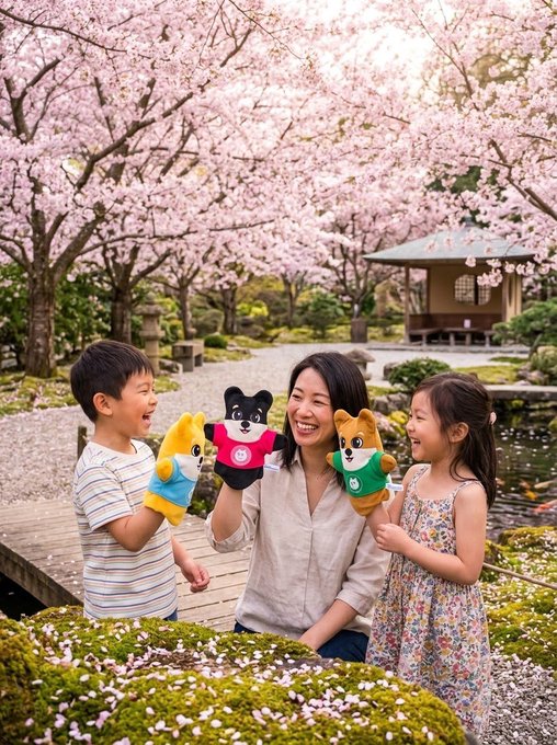 A family of three—a mother and two children—pose outdoors under cherry blossom trees while wearing Shiba Inu hand puppets.