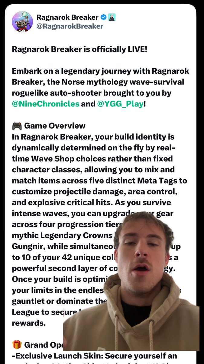 The image features a man wearing a brown hoodie, with his face partially visible behind him as he looks at the camera. The background of the image is white, which makes the man stand out more prominently. There are two texts displayed on this image that seem to be related to the post about the game. One text reads "Ragnarok Breaker is officially live on @AbstractChain It's a wave based auto-shooter where you can upgrade your character through each wave", and another text states, "Focus on what is in the image and how it relates to the post". The man appears to be interested in this game or has some information related to it.