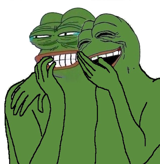 Two Pepe the Frog memes embrace each other, laughing hysterically with tears in their eyes, in a popular image used to express uncontrollable excitement or finding something extremely funny — fitting for a meme coin enthusiast celebrating their daily $PEPE post on Day 280 of promoting the token.
