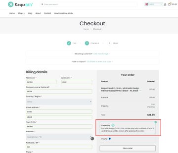 A screenshot of the KaspaBuy checkout page showing a billing details form and an order summary for a "Kaspap (classic T-shirt – minimalist design)" priced at $19.99, with the payment method set to Kaspa ($KAS). This illustrates the user experience that the team plans to open-source, making it easier for merchants to accept Kaspa crypto payments on WordPress/WooCommerce and Shopify stores.