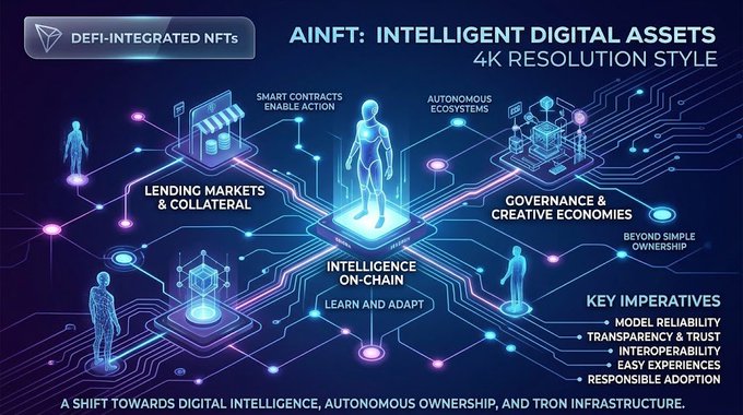 A digital infographic titled "DEFI-INTEGRATED NFTs" and "AINFT: INTELLIGENT DIGITAL ASSETS 4K RESOLUTION STYLE" illustrating concepts like "LENDING MARKETS & COLLATERAL," "INTELLIGENCE ON-CHAIN," and "GOVERNANCE & CREATIVE ECONOMIES" with a central glowing figure.