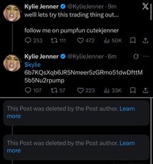 A screenshot of X (Twitter) posts by Kylie Jenner (@KyliejJenner), including one saying 'well lets try this trading thing out...' and another with a deleted post notice. Usernames and engagement metrics are visible.
