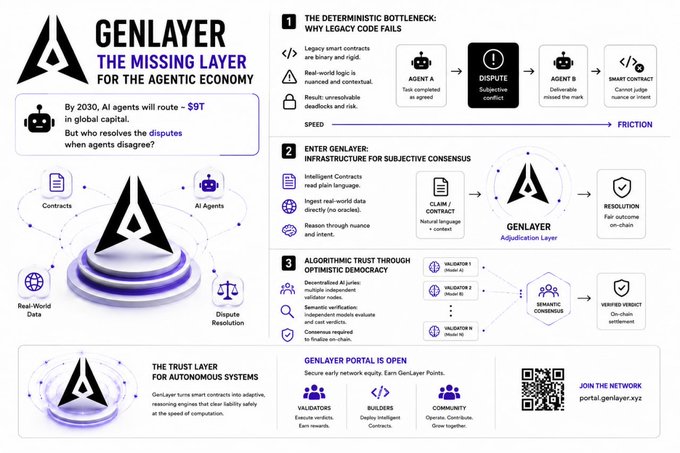 The image is an infographic titled "GENLAYER: THE MISSING LAYER FOR THE AGENTIC ECONOMY," highlighting that by 2030 AI agents will move $9 trillion in global capital but face unresolved disputes, which GenLayer solves through its "Trust Layer" featuring intelligent contracts, real-world data integration, and algorithmic trust via optimistic democracy with validator nodes.