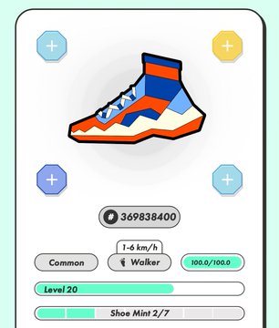 The image features a shoe with blue, orange, and white colors, placed on top of a white background. The shoe appears to be a sneaker or athletic shoe, possibly designed for walking or running activities. There are four different colored circles surrounding the shoe, which could represent various aspects such as the shoe's size, brand, or style. Additionally, there is text in the image that reads "common level 20", indicating that this particular shoe might be suitable for a beginner or intermediate walker. The post also mentions a shoe mint with two sizes available: 2 and 3.