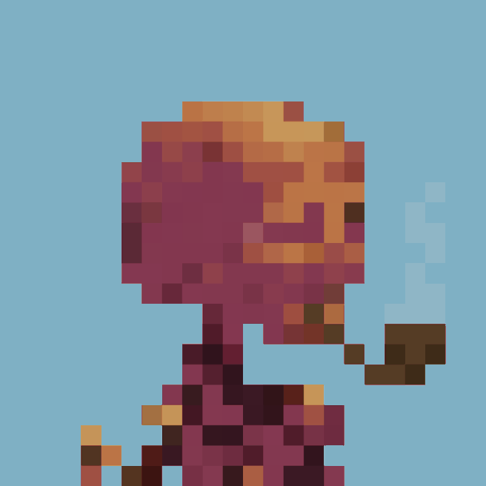 A low-resolution pixel art rendering of a red-haired figure holding a small knife, set against a solid light blue background.