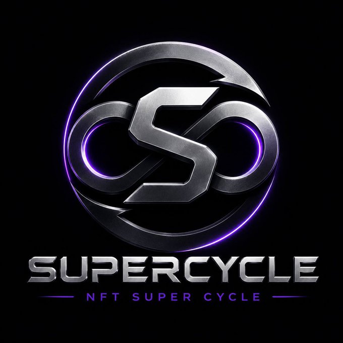 A logo featuring a metallic silver "S" enclosed in an infinity-like loop with purple neon accents, with the text "SUPERCYCLE" and "NFT SUPER CYCLE" displayed below.