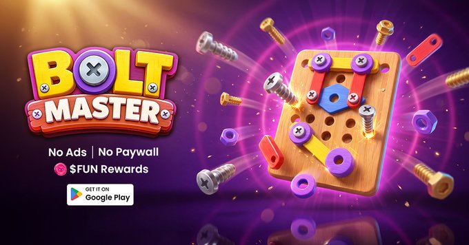 Promotional banner for the mobile game "BOLT MASTER" featuring "No Ads | No Paywall" and "$FUN Rewards," available on Google Play, with an illustration of a wooden board and colorful screws, nuts, and bolts.