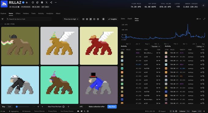 Screenshot of Magic Eden NFT marketplace showing the RILLAZ collection by @KILLAZ with a floor price of 74.20 APE and pixel art ape NFTs.