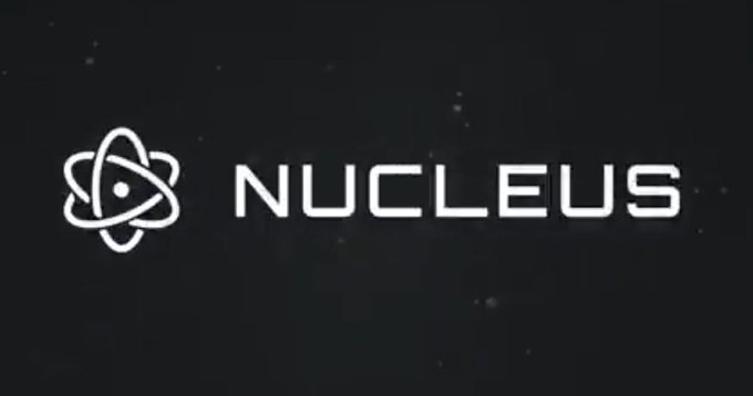 A logo design featuring a stylized atom symbol next to the word 'NUCLEUS' in white text on a dark, starry background.