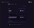 A dark-themed analytics dashboard displaying the number '100' and a large figure of '243330987' with green and blue chart elements.