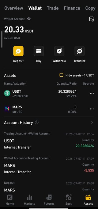 A cryptocurrency wallet interface shows a balance of 20.33 USDT, with recent transactions displaying a 20.3280624 USDT internal transfer from a trading account and a -5.535 MARS internal transfer, suggesting active asset management. The image supports the post by showing the user's wallet activity, including a MARS deposit at 11:15:30, which likely corresponds to the claimed airdrop allocation from MarsChain.