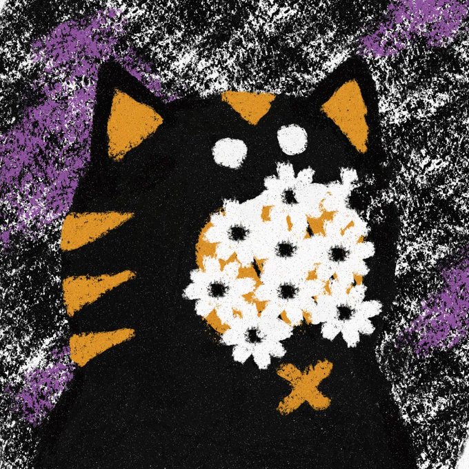 A textured, folk-art style painting depicts a black cat with orange triangular markings holding a bouquet of white daisies against a mottled black, white, and purple background.