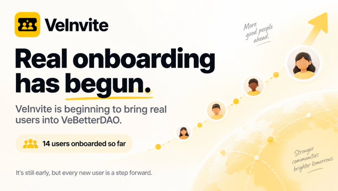 A promotional graphic for 'VeInvite' announcing 'Real onboarding has begun' for VeBetterDAO, showing 14 users onboarded and illustrated figures on a path toward a globe.