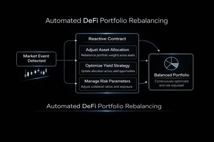 A flowchart illustrating Automated DeFi Portfolio Rebalancing, where a "Market Event Detected" triggers a "Reactive Contract" containing three sub-functions—Adjust Asset Allocation, Optimize Yield Strategy, and Manage Risk Parameters—which together produce a "Balanced Portfolio" that is continuously optimized and risk-adjusted. The diagram visually reinforces the post's point that Reactive Contracts transform static DeFi deposits into dynamic, responsive capital that automatically rebalances based on changing market conditions, yield opportunities, and collateral risk.
