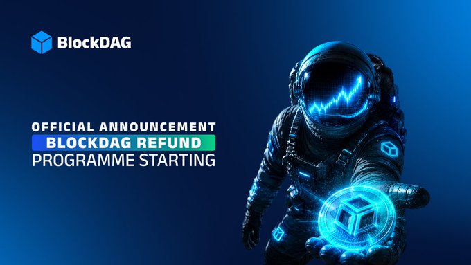 A futuristic astronaut with a glowing blue visor holds a holographic BlockDAG (BDAG) coin, promoting the official announcement of the BlockDAG Refund Programme for eligible BDAG purchasers.