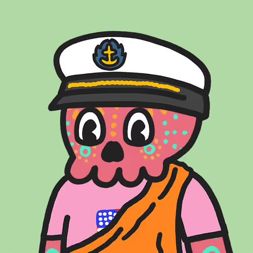 A cartoon illustration of a pink character wearing a white officer's hat and an orange sash, featuring a decorated skull face.