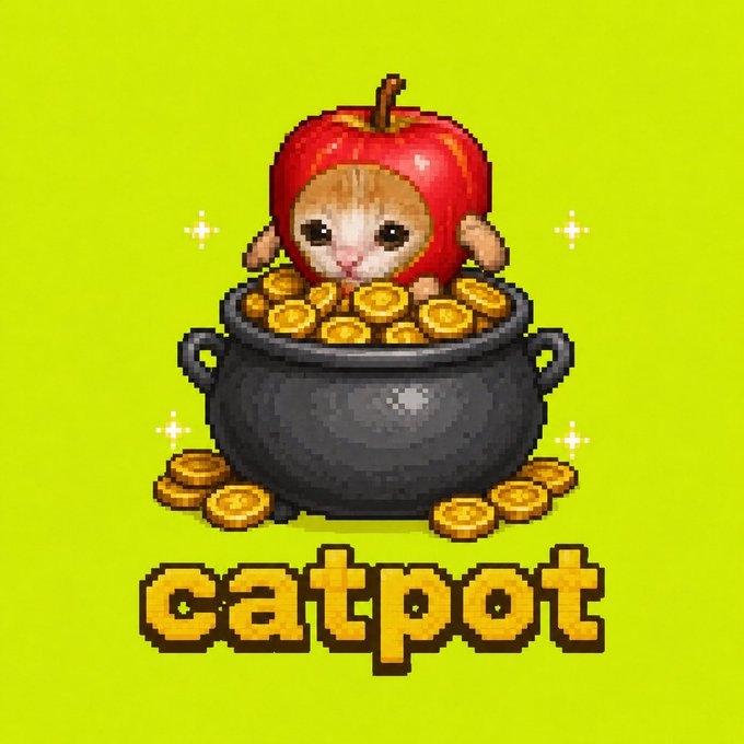 A pixel-art kitten wearing an apple hood sits inside a black cauldron overflowing with gold coins, with the text "catpot" displayed beneath it on a bright green background. The image illustrates the post's announcement of an upcoming lottery-based reward distribution system called "catpot," which holds nearly 20M $cat tokens.