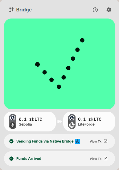 A screenshot of a Bridge app interface showing a green screen with black dots, a transaction of 0.1 zkLTC from Sepolia to LiteForge, and status messages 'Sending Funds via Native Bridge' and 'Funds Arrived'.