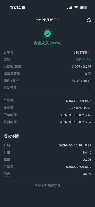 A mobile trading confirmation screen in Chinese showing a completed HYPE/USDC buy order of 0.296 quantity at 84.40 price, with order details dated 2026-10-10.