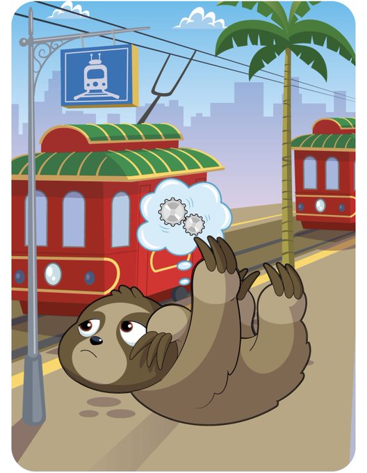 A cartoon illustration of a sleepy sloth lying on its back on a street with a red trolley passing by, dreaming about gears in a thought bubble.