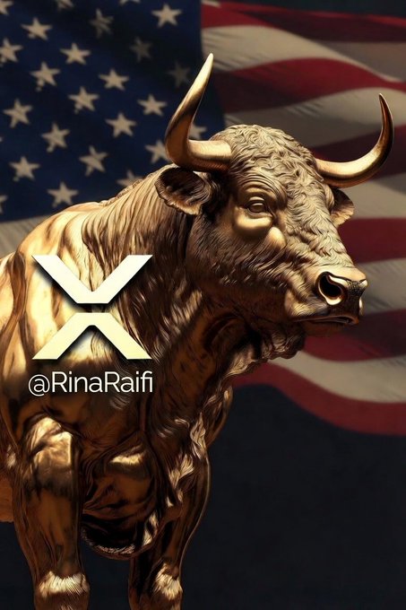 A golden bull statue stands before an American flag backdrop, overlaid with the XRP logo and "@RinaRaifi" text, symbolizing bullish market optimism. The imagery aligns with the post's message about rising odds for the Clarity Act to pass the Senate, suggesting strong U.S. legislative momentum supporting XRP's future.