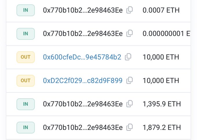 A transaction history list showing IN and OUT transfers of ETH amounts (including 0.0007 ETH, 10,000 ETH, 1,395.9 ETH, and 1,879.2 ETH) between various wallet addresses.