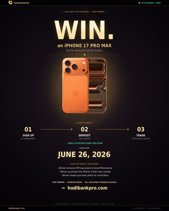 The image features an advertisement for a smartphone promotion that includes a gold iPhone with a silver case. The phone is placed upside down on its side against a black background, making it stand out prominently. The text of the advertisement reads "WIN an iPhone 17 Pro Max" and "an iPhone 17 Pro Max", indicating that this is a special edition iPhone being offered for a limited time. The post also mentions a winner who will receive a deposit of 0.5 ETH in exchange for entering their email address, which could be used to sign up for the promotion or participate in the giveaway.