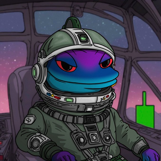 A digital illustration of an anthropomorphic purple and blue frog character wearing a green and white astronaut helmet and flight suit, seated in a spaceship cockpit with a pink and purple space view outside.