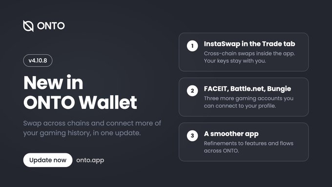 An ONTO Wallet app update announcement (v4.10.8) titled 'New in ONTO Wallet' with a dark background, listing features: InstaSwap in the Trade tab, FACEIT/Battle.net/Bungie gaming accounts, and a smoother app experience.