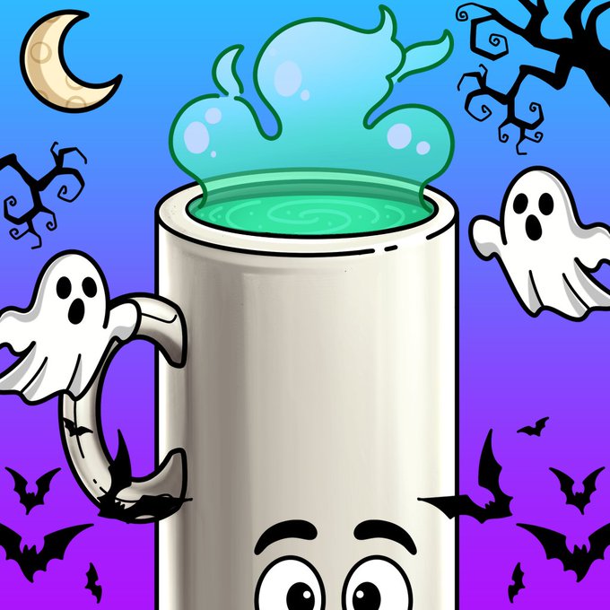 A Halloween-themed illustration featuring an anthropomorphized white mug with eyes, filled with green liquid and topped with a ghost-shaped bubble, surrounded by bats, ghosts, a moon, and spooky trees against a purple sky.