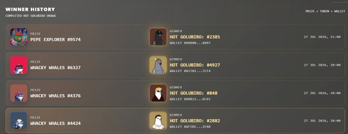 A 'Winner History' log from a 'Golubird' crypto prize draw showing past winners including PEPE EXPLORER #9574, WHACKY WHALES #6327, #4376, and #4424 with wallet addresses and timestamps from July 27, 2026.