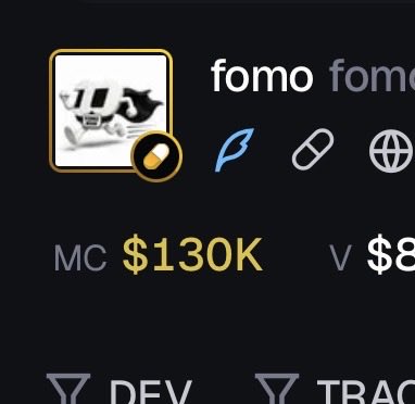 The image shows a screenshot of the $fomo token on a crypto tracking platform (likely Dexscreener), displaying a market cap of $130K alongside its logo featuring a skull-wearing cowboy hat. This relates to the post as the author highlights buying $10K worth of $fomo, calling it a "generational bottom" given its low market cap valuation.