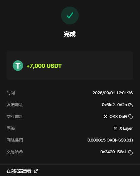 A mobile screen displays a completed transaction confirmation of '+7,000 USDT' on the OKX DeFi platform via X Layer network, dated 2026/09/01 12:01:36.