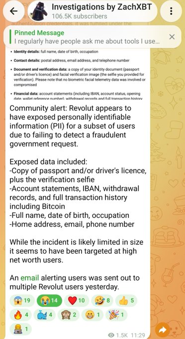 A Telegram channel post from 'Investigations by ZachXBT' about Revolut exposing personally identifiable information (PII) for users due to failing to detect a fraudulent government request, including passport copies, account statements, and contact details.