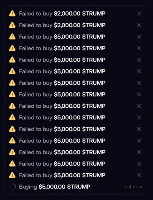 The image shows a notification panel with 14 consecutive "Failed to buy $TRUMP" error messages in varying amounts ($2,000 and $5,000), followed by a single successful "Buying $5,000.00 $TRUMP" notification labeled "Just now." This humorously illustrates the caption's "FOMO app" concept—depicting the chaotic, panic-driven trading experience during the $TRUMP token launch, where users repeatedly failed to secure their buys before finally succeeding.