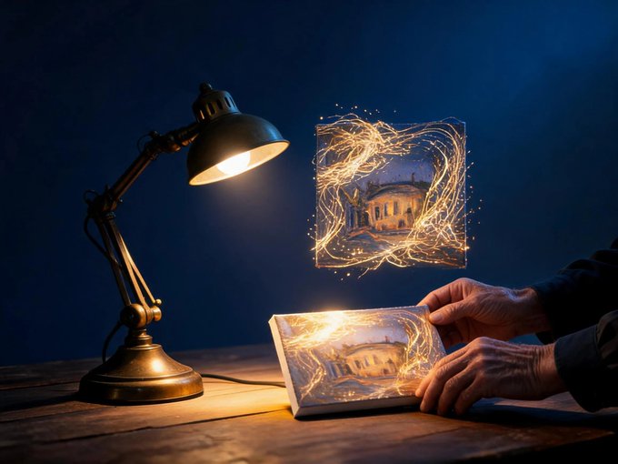 A person's hands open a glowing book beneath a desk lamp, releasing magical golden swirls of light that form an enchanted image of a house in the air.