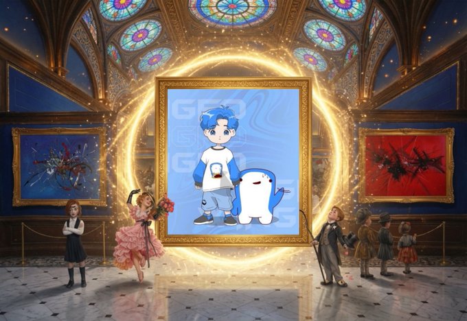A glowing circular halo displays a portrait of a blue-haired cartoon boy alongside a white Yeti-like creature, surrounded by an opulent gallery hall with stained glass ceilings and historic figures observing the artwork. The image illustrates the post's mention of receiving pre-access to a unique 201-piece collection from @2o1patrons, where the cartoon characters likely represent the personal, custom-shaped art pieces designed for each collector's story.
