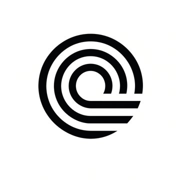 A black and white minimalist logo featuring a stylized lowercase 'e' composed of concentric curved lines.