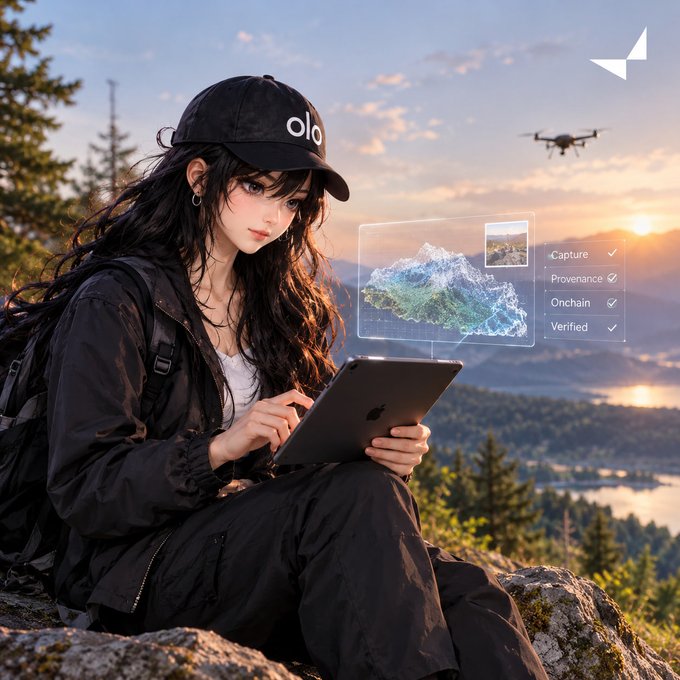 An anime-style young woman wearing an 'olo' cap uses a tablet displaying a holographic terrain map with 'Capture', 'Provenance', 'Onchain', and 'Verified' checkmarks in a mountainous landscape.