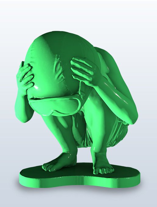 A glossy green 3D-rendered figurine of a humanoid creature crouching on a base with its hands covering its face.
