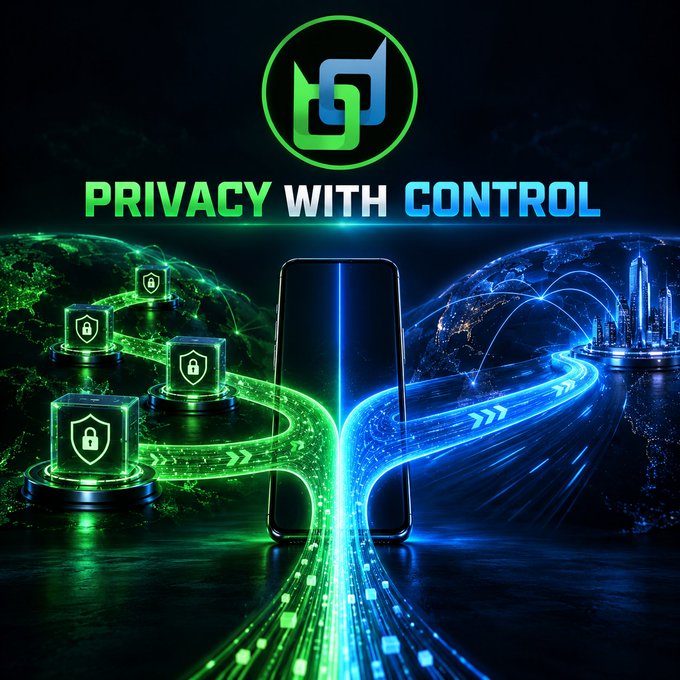 A futuristic digital advertisement featuring a smartphone emitting green and blue glowing data streams with padlock icons, topped by a logo and the text 'PRIVACY WITH CONTROL'.