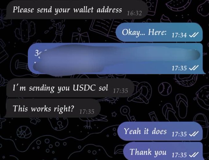 A Telegram chat screenshot shows a conversation where one user requests a wallet address, receives it, and sends USDC on Solana, with the recipient confirming it works and saying thank you.